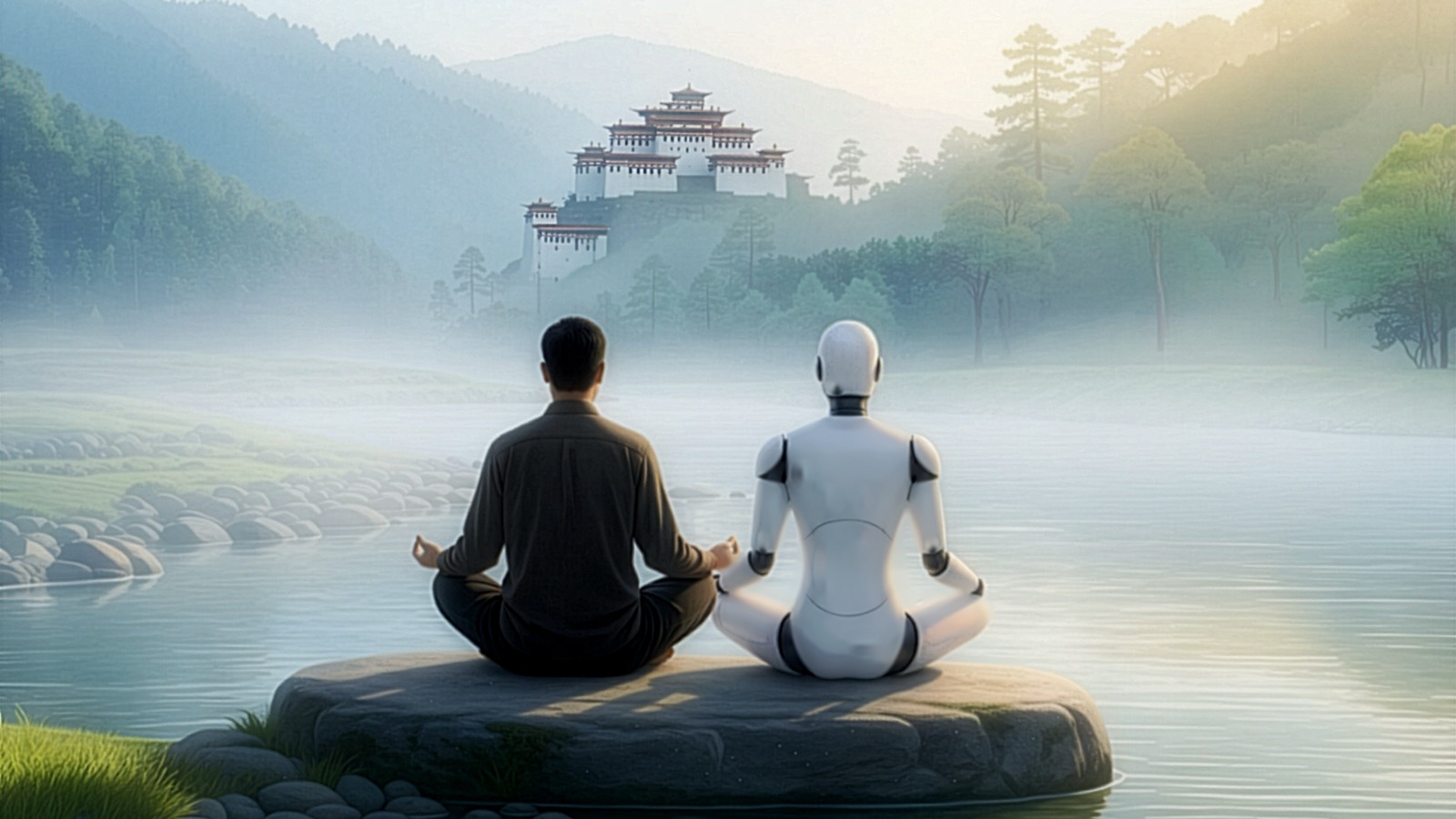 A man and a humanoid robot sit in meditation side by side on a rock in a Bhutanese river at dawn, a hilltop dzong rising through the mist beyond them.